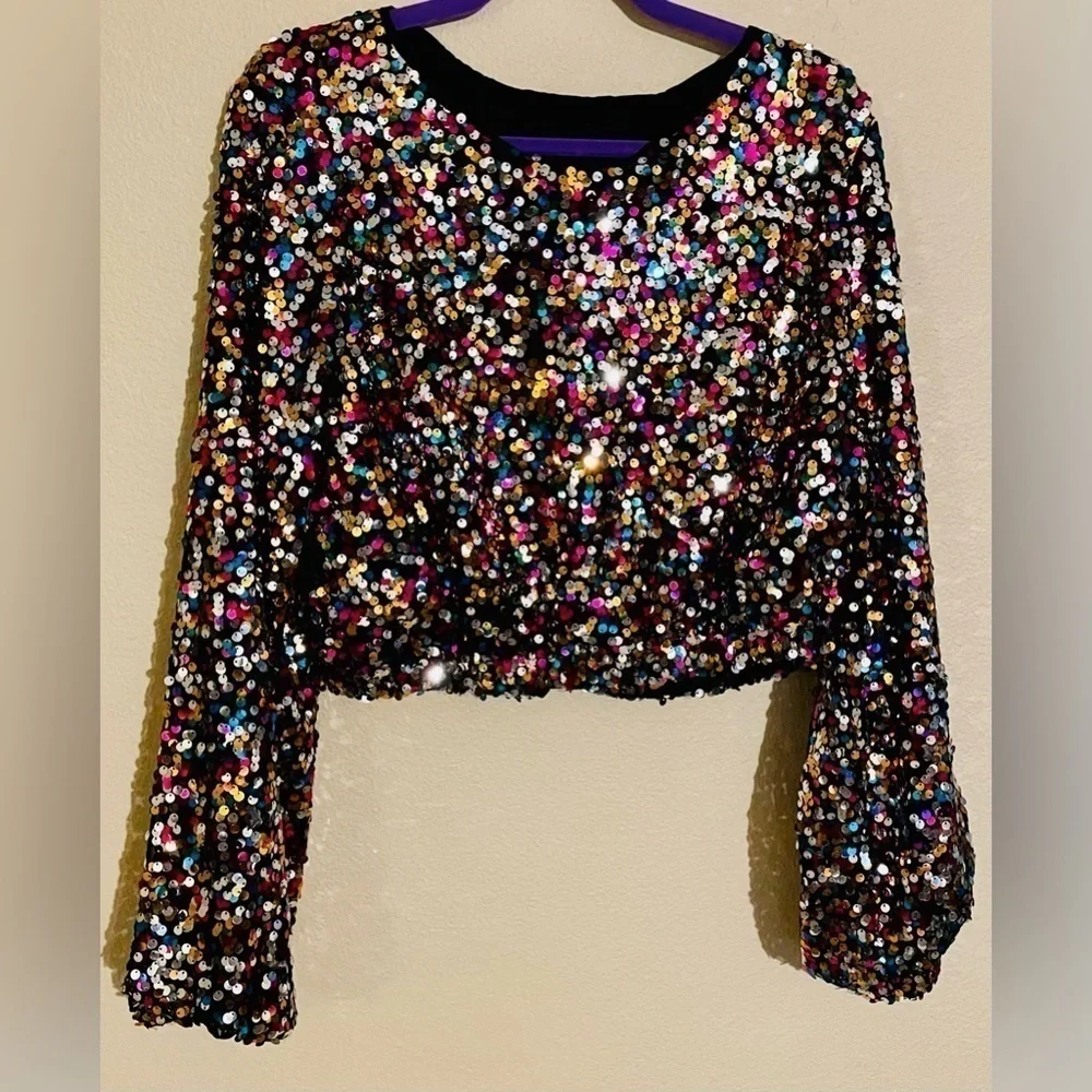 FULLY SEQUINED RAINBOW COLORED Cropped Blouse Sz XL Retro 70s Inspired Disco